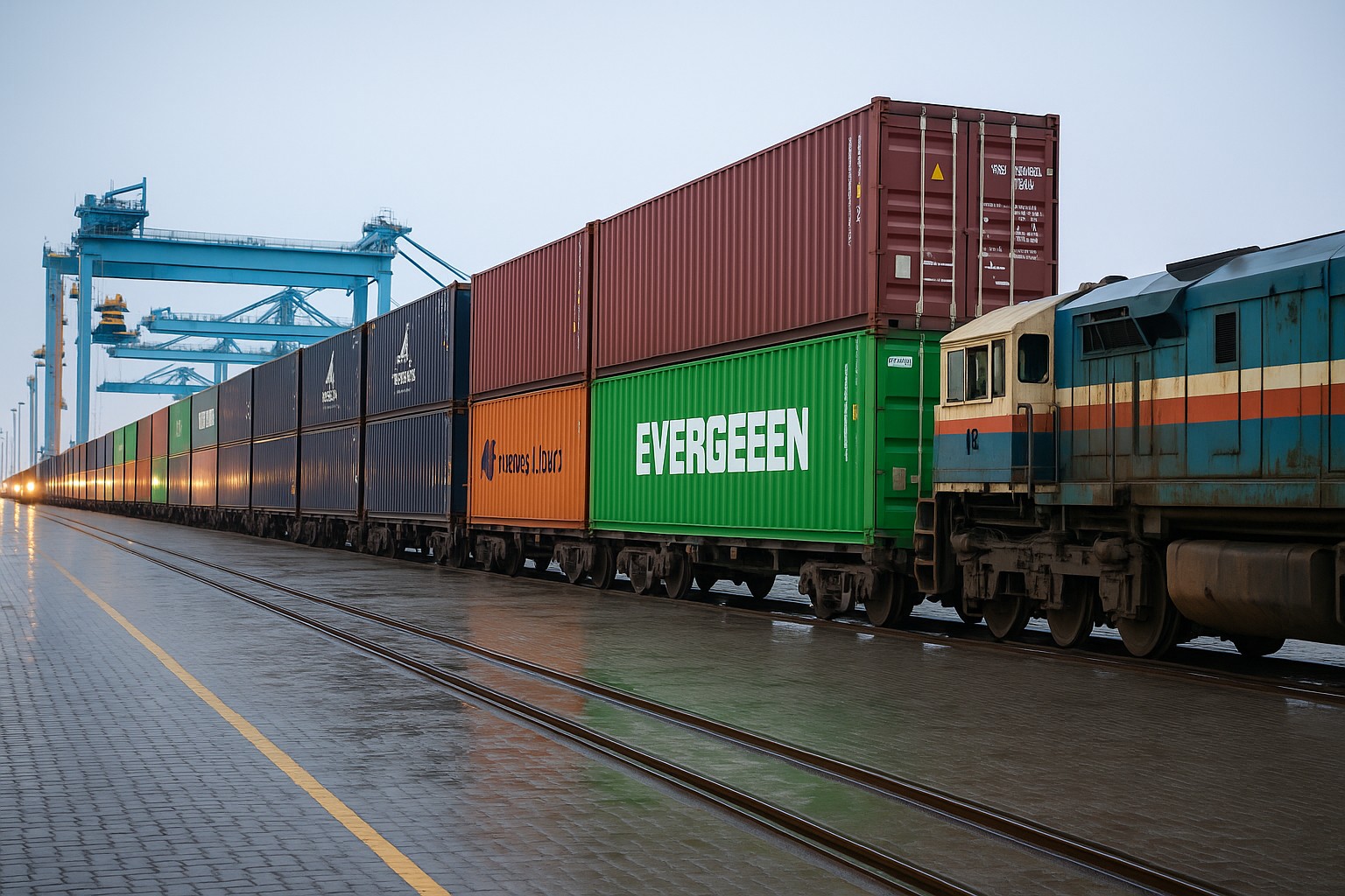 Container train at intermodal rail terminal